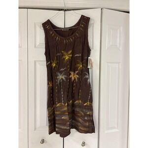 Raya Sun Womens Brown Palm Tree Hand Painted Sleeveless Dress NWT Large